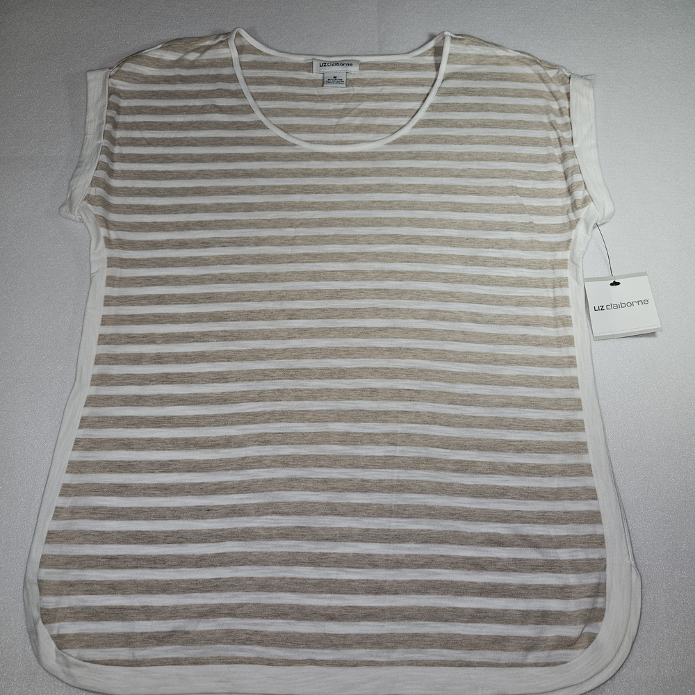 Women's Liz Claiborne Beige & White Striped Cap Sleeve Top Size Medium NWT
